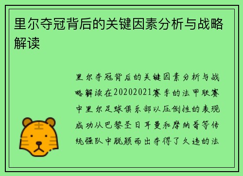 里尔夺冠背后的关键因素分析与战略解读 里尔夺冠背后的关键因素分析与战略解读